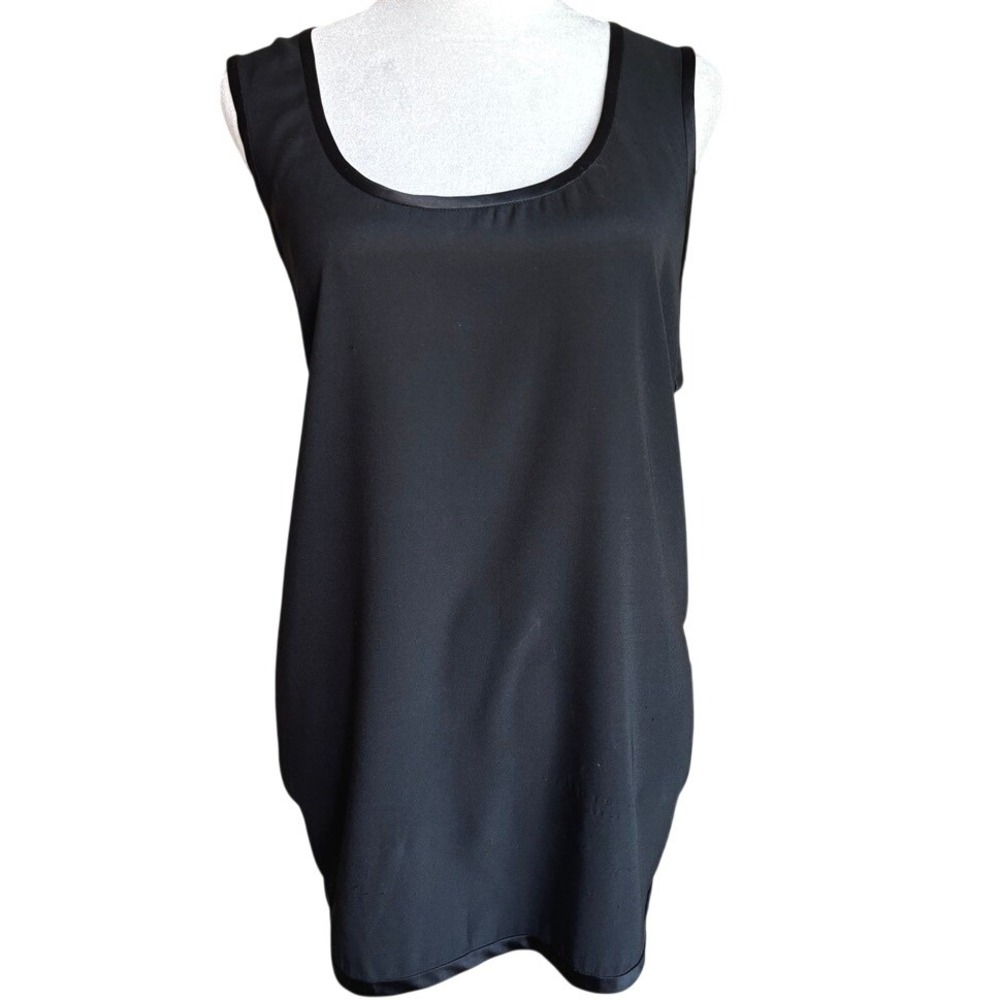 Eileen Fisher Tank‎ Top XL Black Scoop Neck Ruched Sides Satin Trim Sleeveless